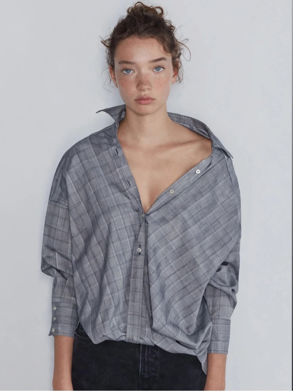 Zara Oversized Button Up Plaid Shirt Twisted Hem Size M